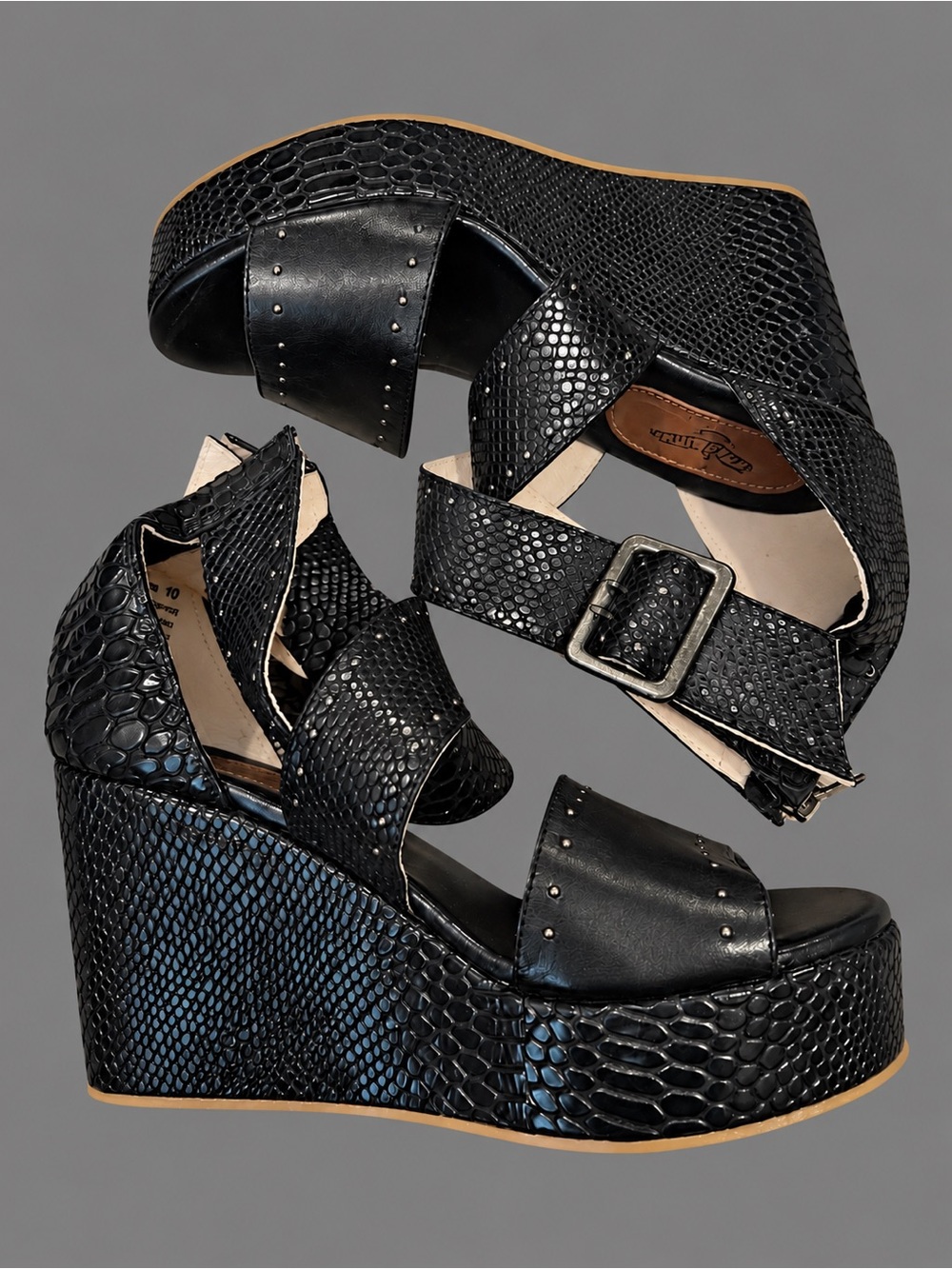 FREEBIRD Terra Black Snake Multi Leather Platform Wedge Sandals Size 10